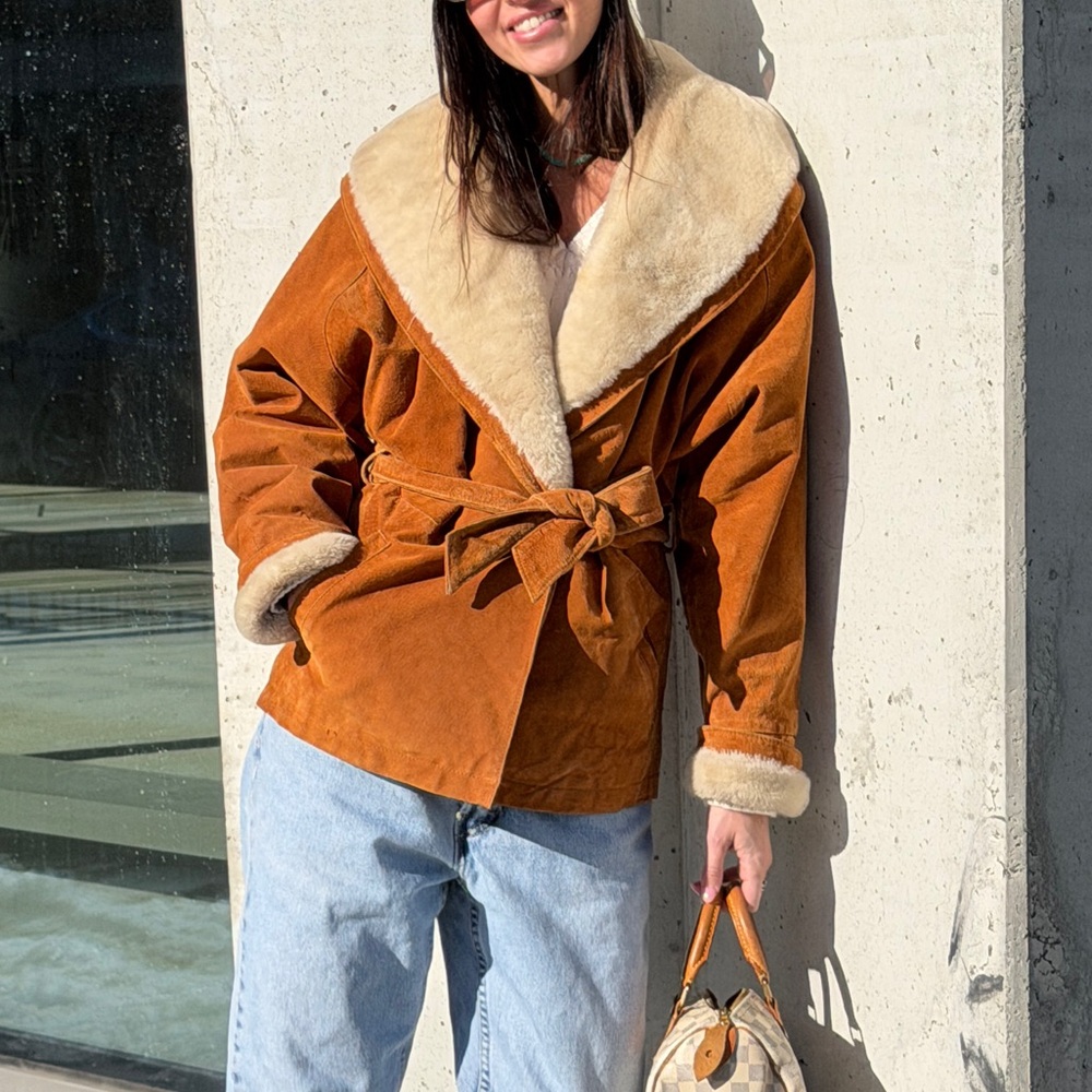 Wilsons Real Suede Brown Wrap Jacket with faux Shearling
